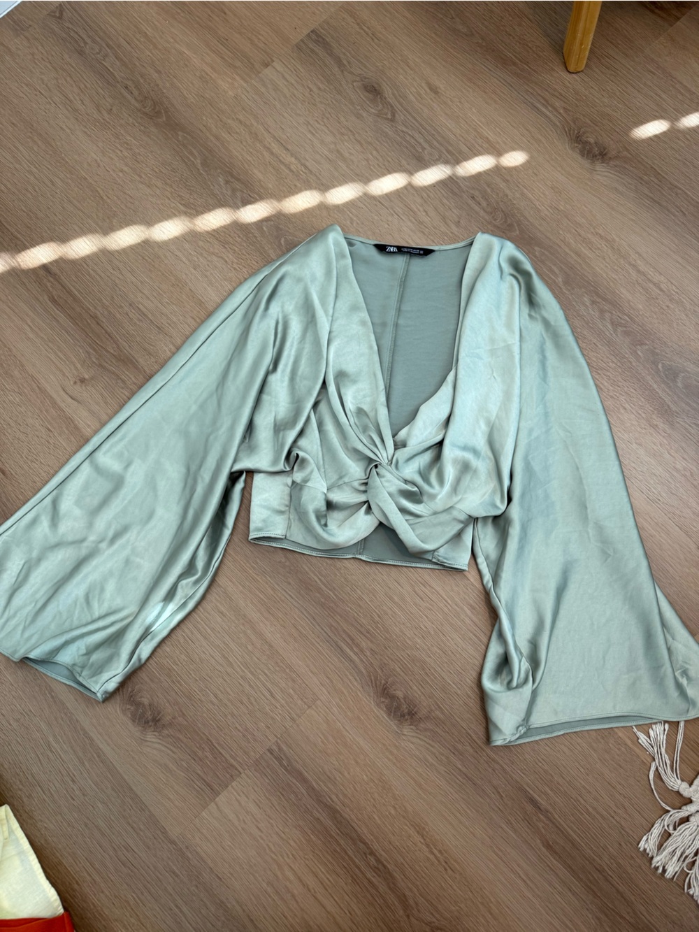 Zara Sage Green Satin Tie-Front Crop Top